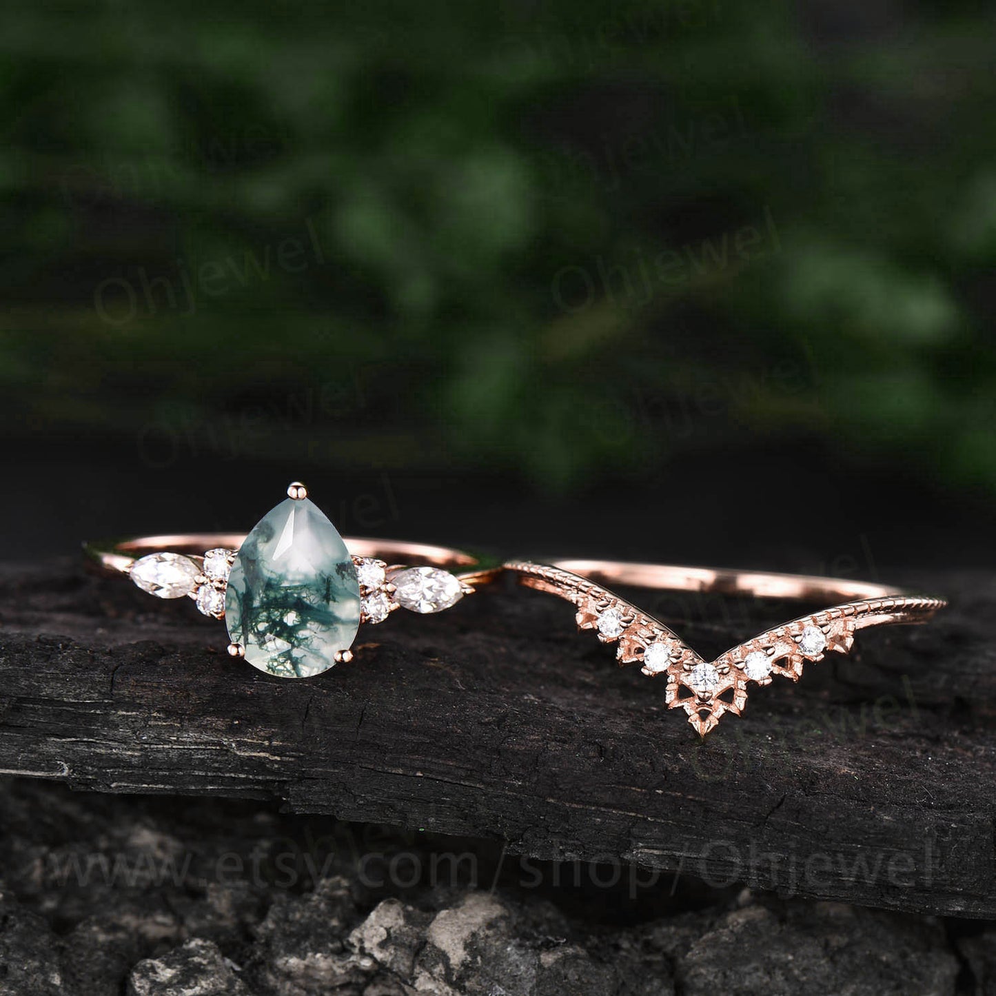 Pear cut moss agate engagement ring set vintage rose gold ring set art deco moissanite bridal set Milgrain wedding band antique jewelry gift