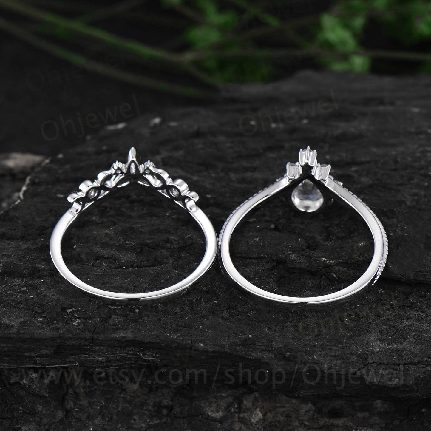 Unique wedding ring set Pear black rutilated quartz engagement ring set vintage moissanite ring set white gold bridal ring set Milgrain ring