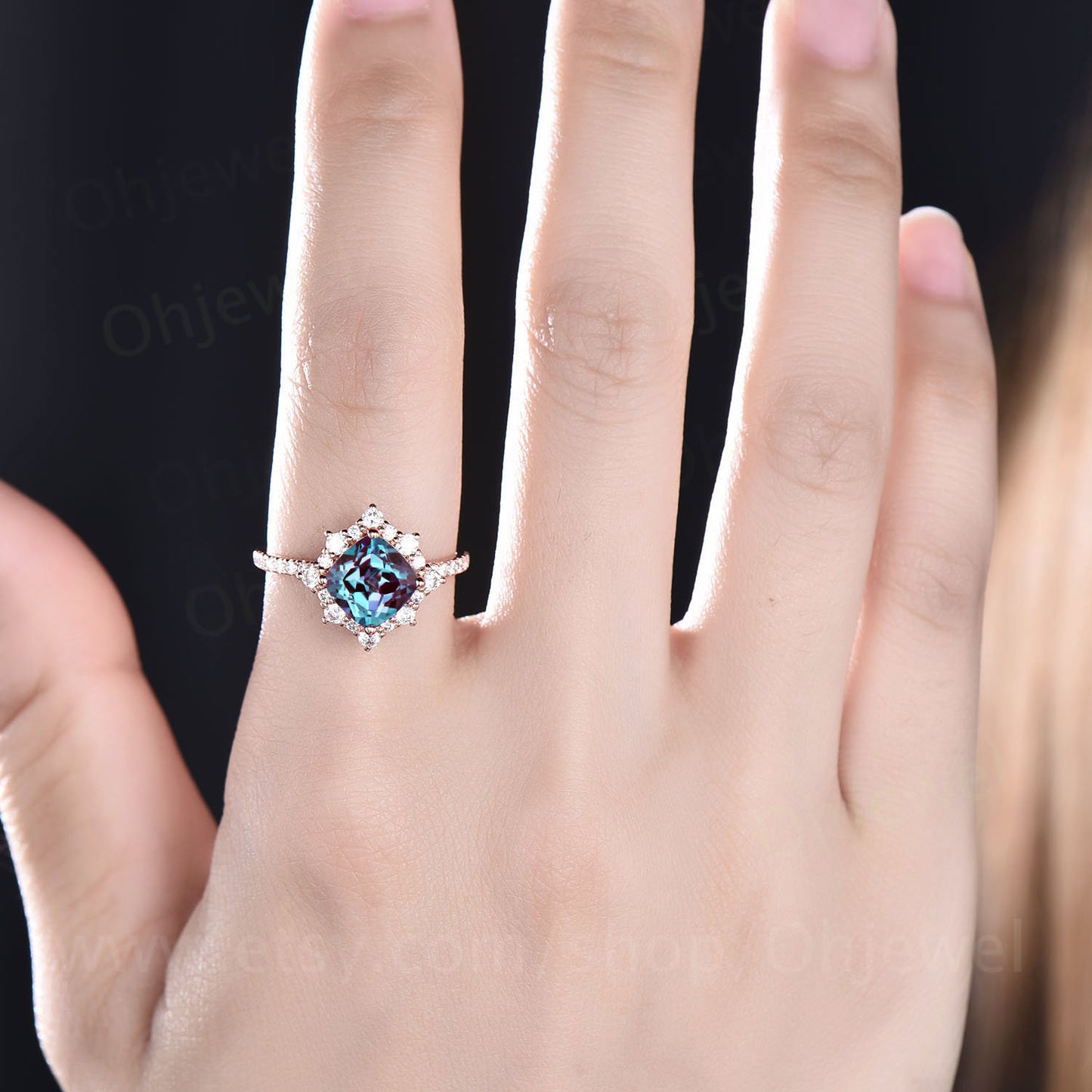 Cushion cut alexandrite engagement ring vintage rose gold ring women June birthstone ring eternity moissanite ring custom ring silver gift