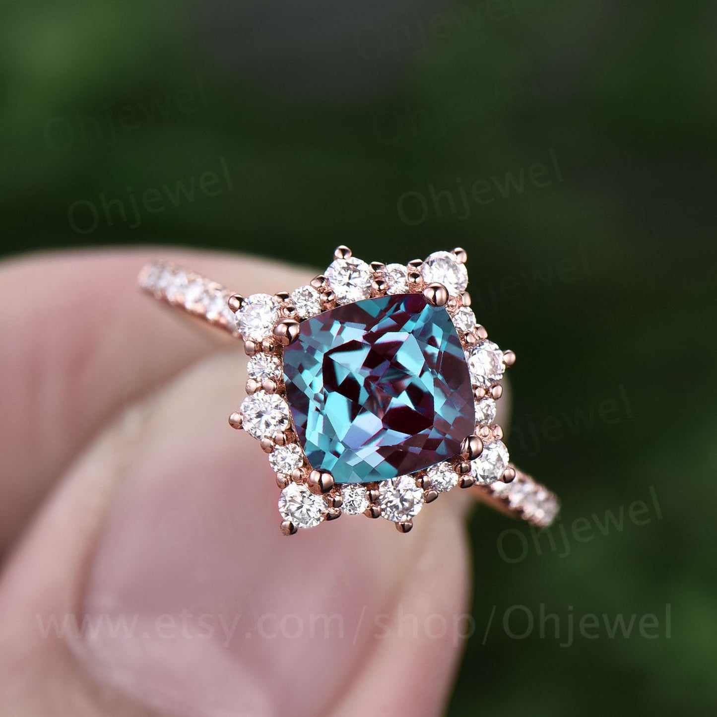 Cushion cut alexandrite engagement ring vintage rose gold ring women June birthstone ring eternity moissanite ring custom ring silver gift