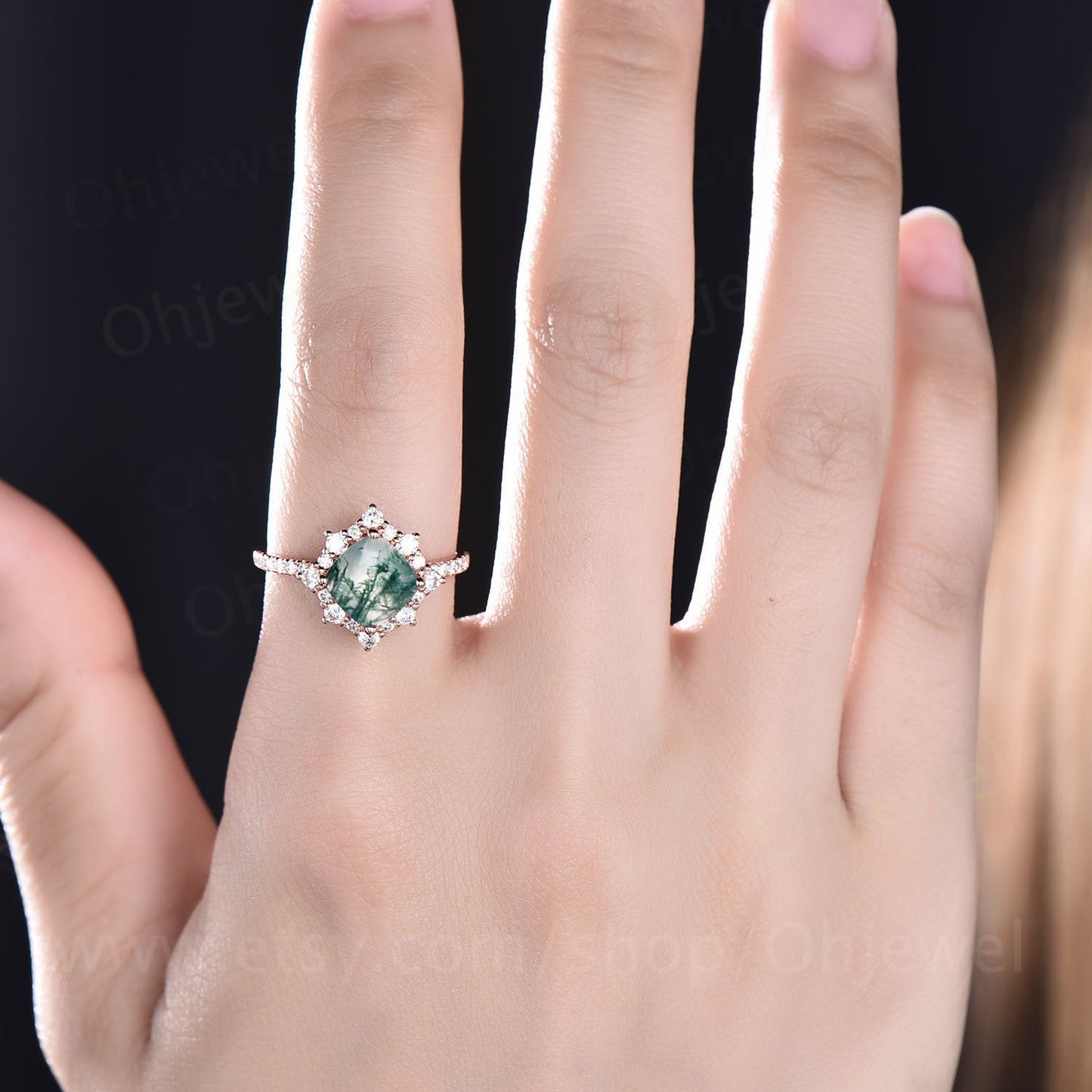 Cushion cut moss agate ring for women vintage moss agate engagement ring rose gold unique half eternity moissanite ring wedding bridal ring