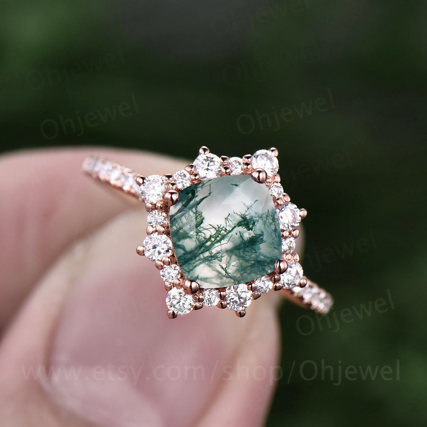 Cushion cut moss agate ring for women vintage moss agate engagement ring rose gold unique half eternity moissanite ring wedding bridal ring