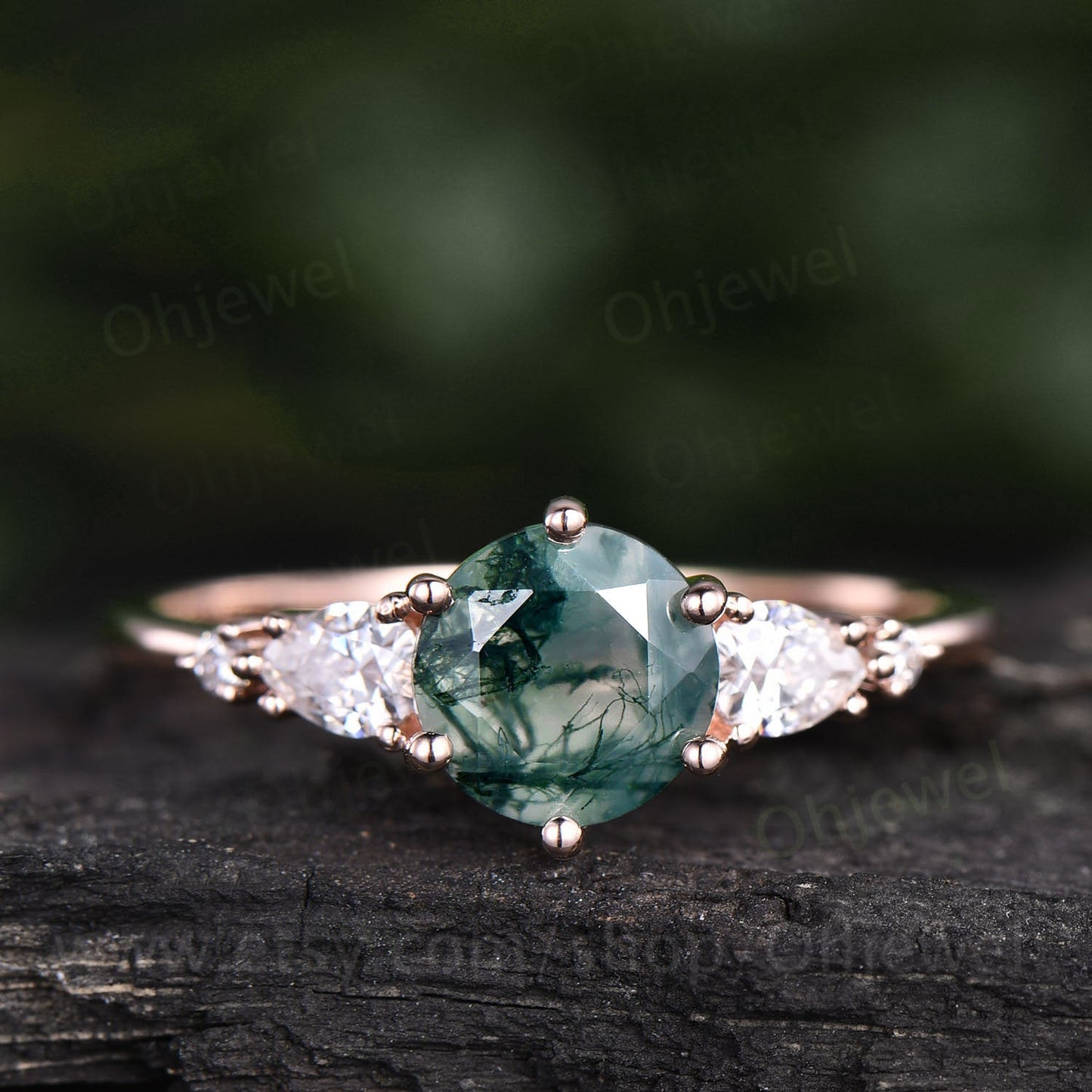 Round moss agate ring vintage moss agate engagement ring five stone ring rose gold ring for women pear moissanite ring unique bridal ring