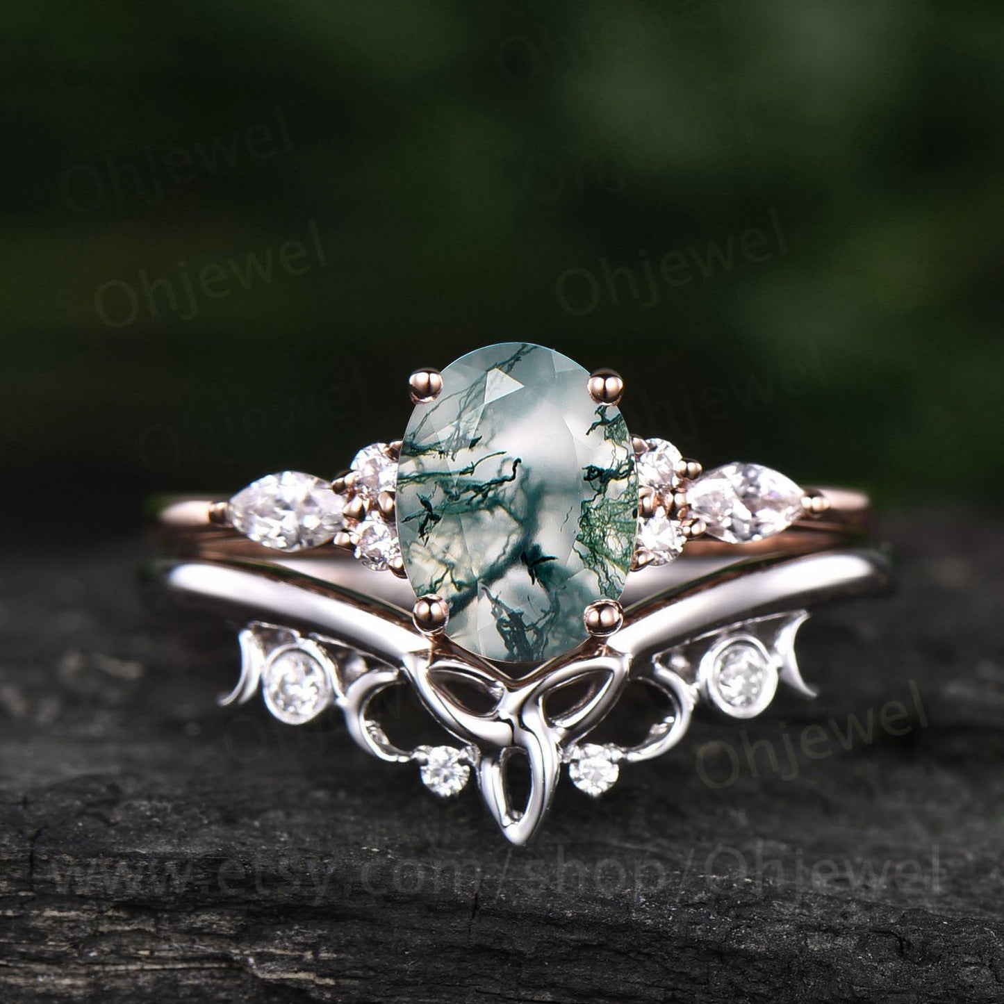 Unique bridal ring set oval cut moss agate engagement ring set vintage moissanite ring set white gold women cluster marquise ring jewelry
