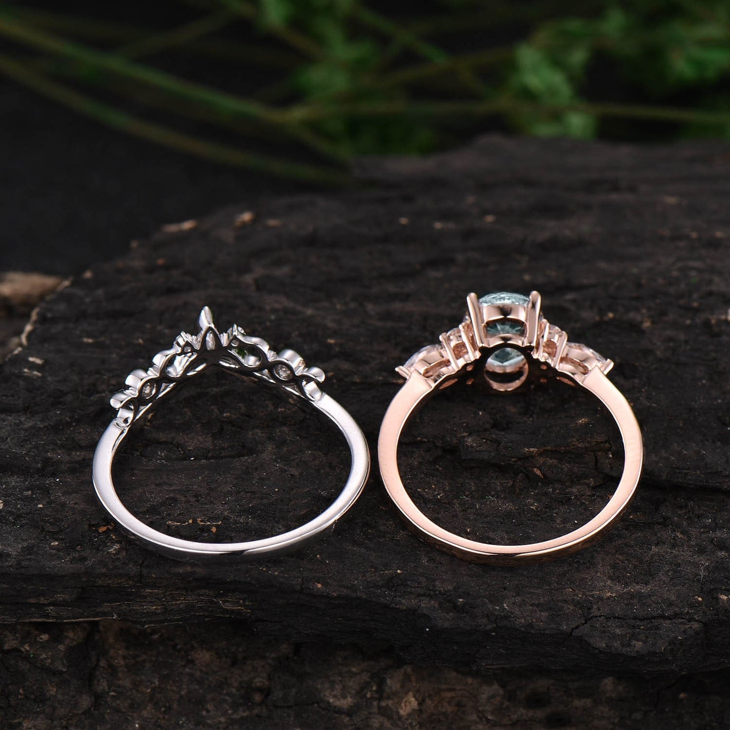 Oval cut green moss agate ring vintage moss agate engagement ring set rose gold marquise cut wedding ring cluster alexandrite ring for women
