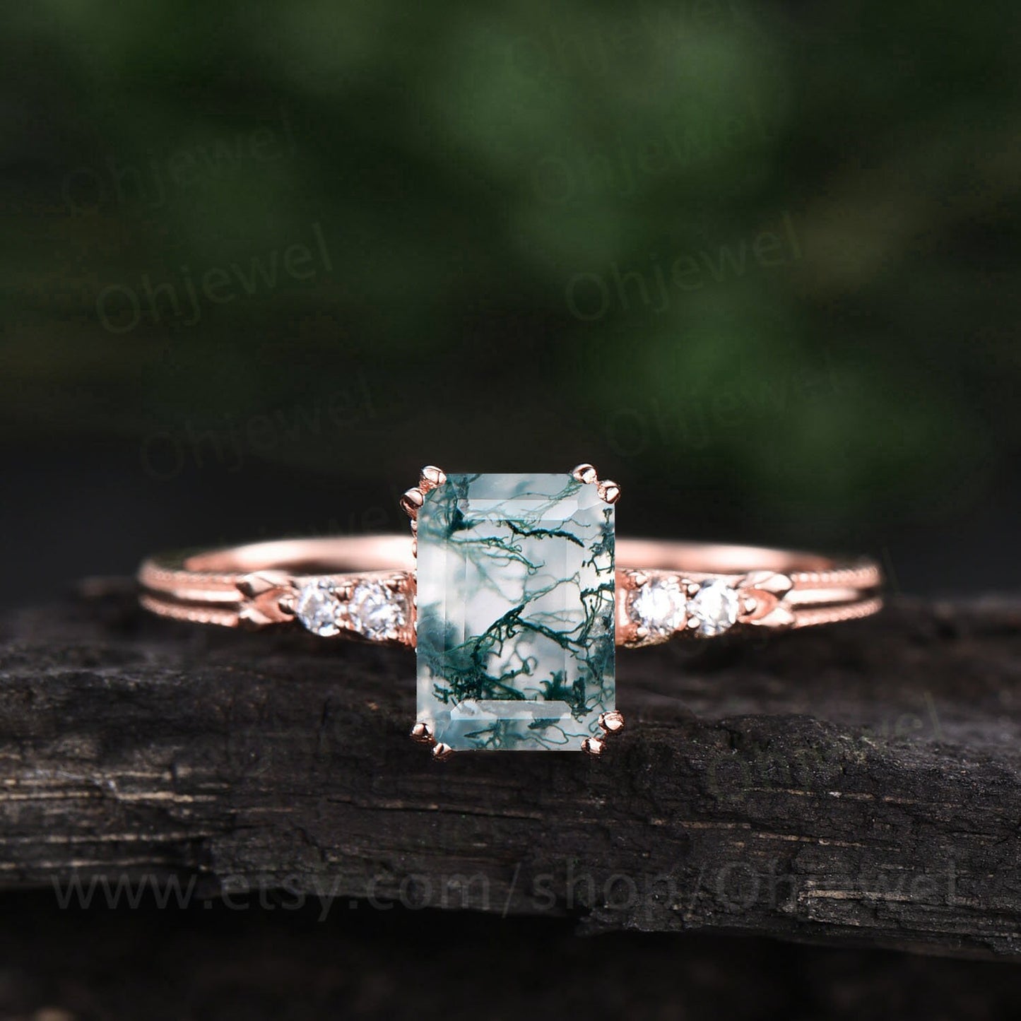 Green Moss Agate Ring 6x8 Emerald Cut Moss Agate Ring Unique Moss Agate Engagement Ring 5 Stone Diamond Ring Gold Sterling Silver Antique
