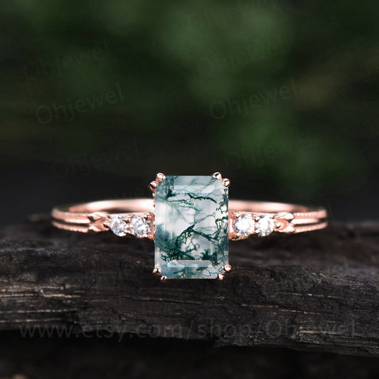 Vintage moss agate ring gold sliver emerald cut moss agate engagement ring milgrain five stone diamond ring minimalist for women jewelry