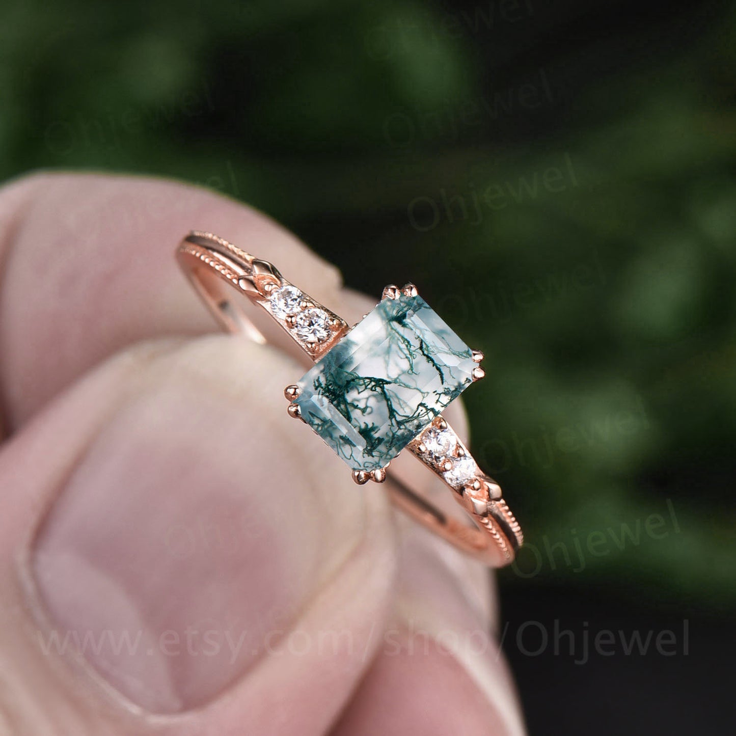 Emerald cut moss agate engagement ring vintage moss agate ring rose gold ring for women organic gemstone ring five stone ring diamond ring