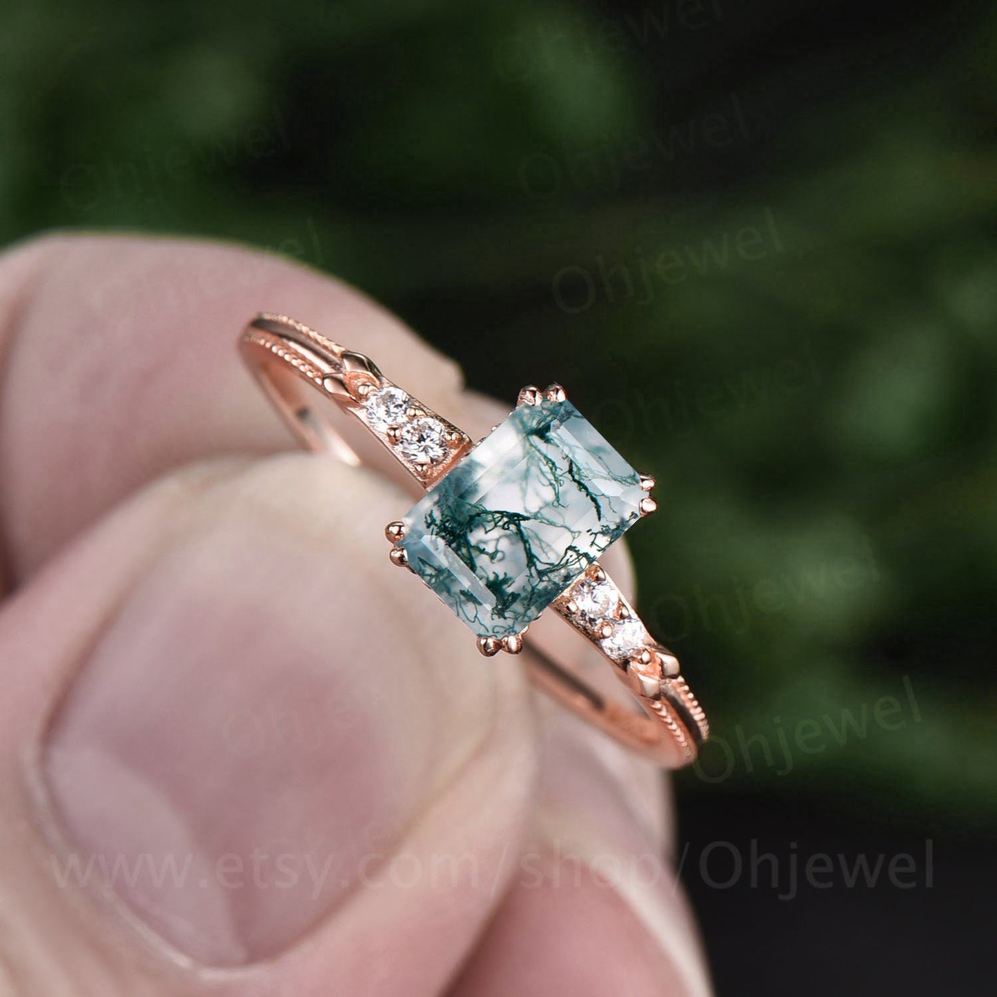 Green Moss Agate Ring 6x8 Emerald Cut Moss Agate Ring Unique Moss Agate Engagement Ring 5 Stone Diamond Ring Gold Sterling Silver Antique