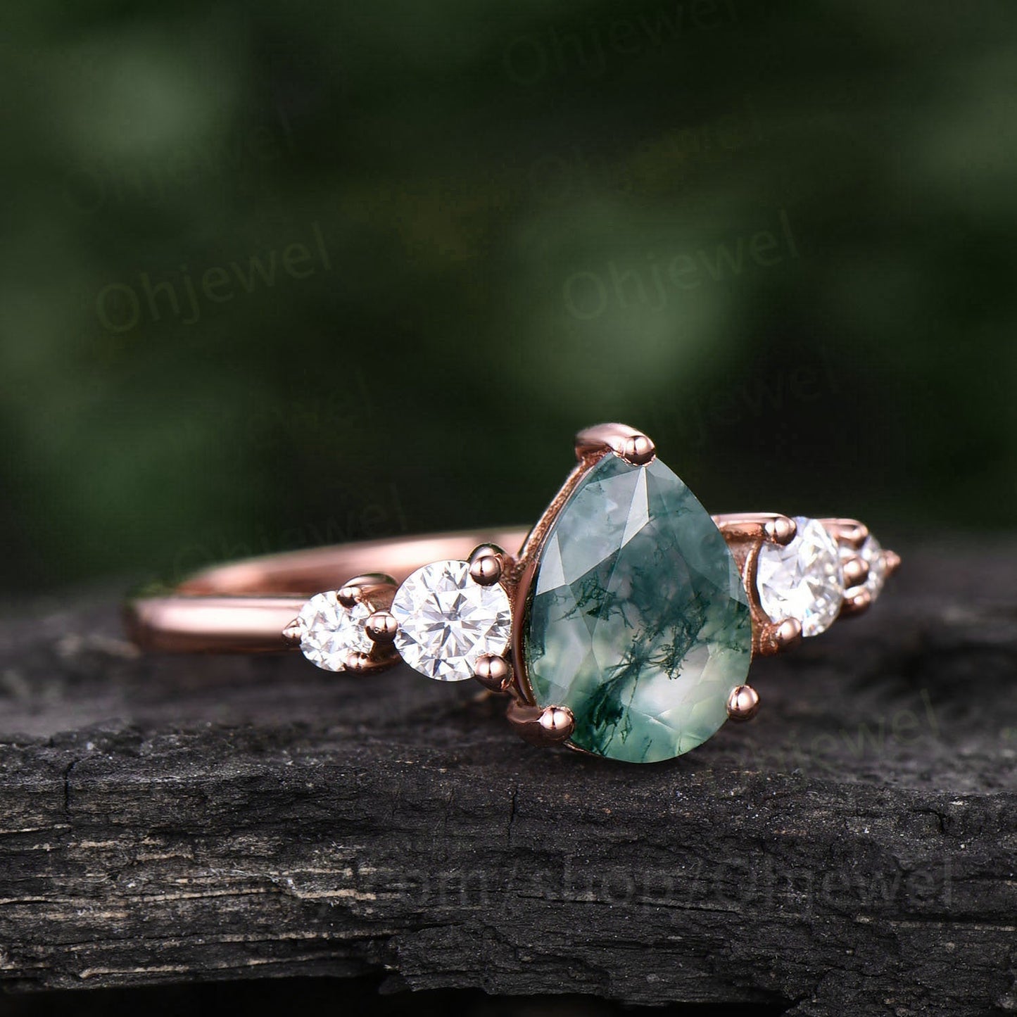 Pear shaped moss agate engagement ring vintage rose gold ring for women moissanite five stone ring custom jewelry unique wedding ring gift