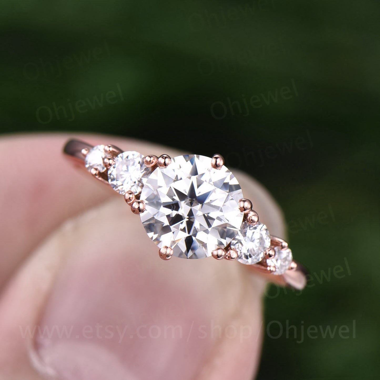 Round shaped moissanite engagement ring five stone ring vintage rose gold ring dainty jewelry promise ring for her unique bridal ring gift