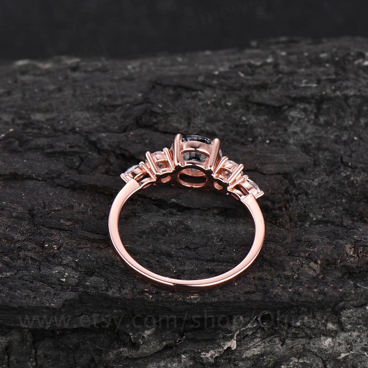Vintage black rutilated quartz engagement ring rose gold art deco moissanite ring gold silver round cut ring promise wedding bridal ring