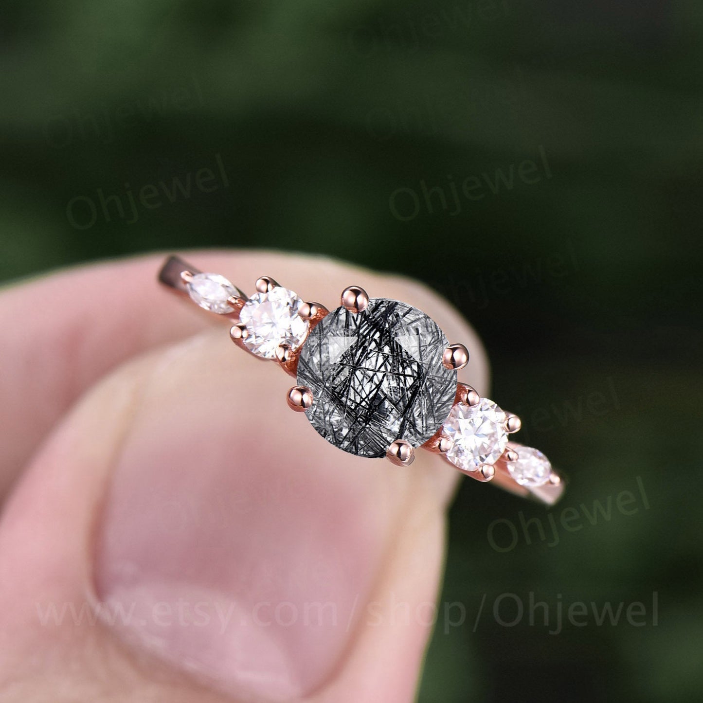 Vintage black rutilated quartz engagement ring rose gold art deco moissanite ring gold silver round cut ring promise wedding bridal ring