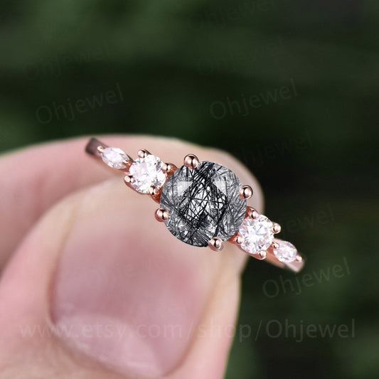 Vintage black rutilated quartz engagement ring rose gold art deco moissanite ring gold silver round cut ring promise wedding bridal ring