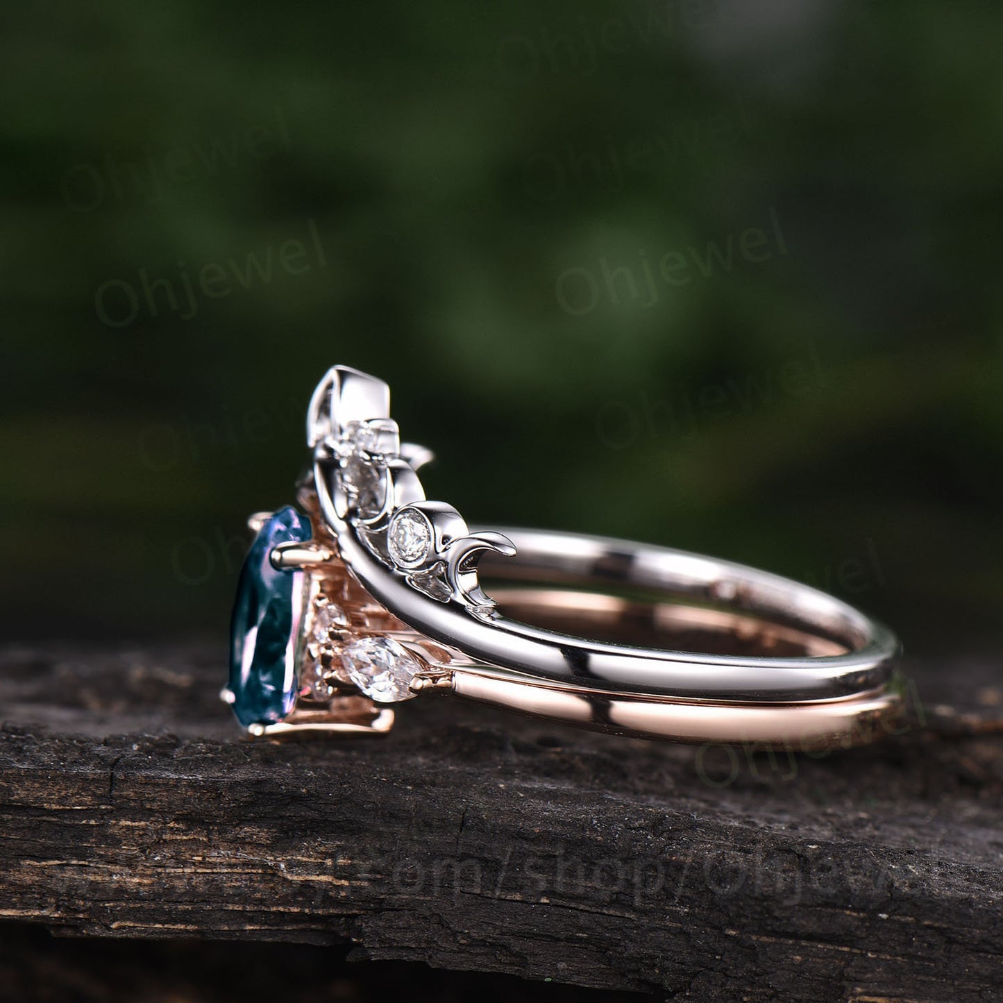 Unique bridal ring set oval cut Alexandrite engagement ring set vintage moissanite ring set rose gold women cluster marquise ring jewelry