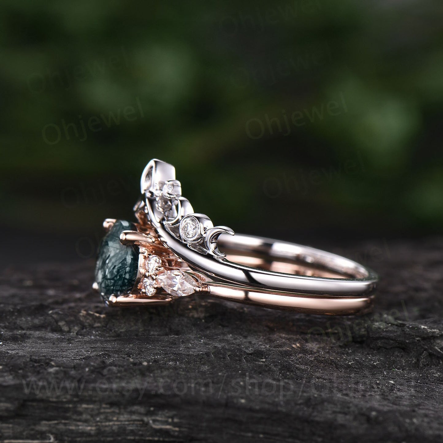 Round moss agate engagement ring set art deco vintage unique rose gold engagement ring moissanite ring for women norse viking ring Jewelry