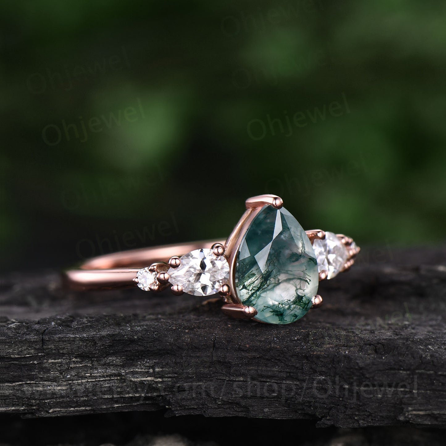 Pear shaped moss agate engagement ring vintage rose gold ring for women moissanite five stone ring brial ring green moss ring wedding gift