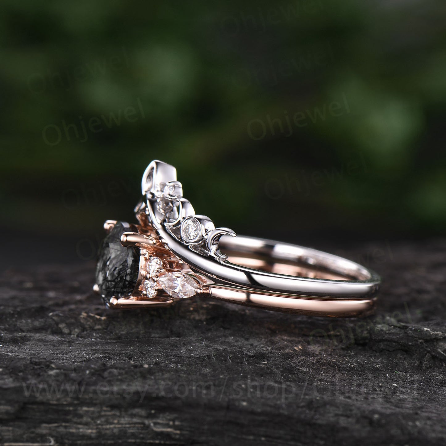 Round cut black rutilated quartz engagement ring set rose gold ring set women unique promise ring for her moissanite wedding ring set gift