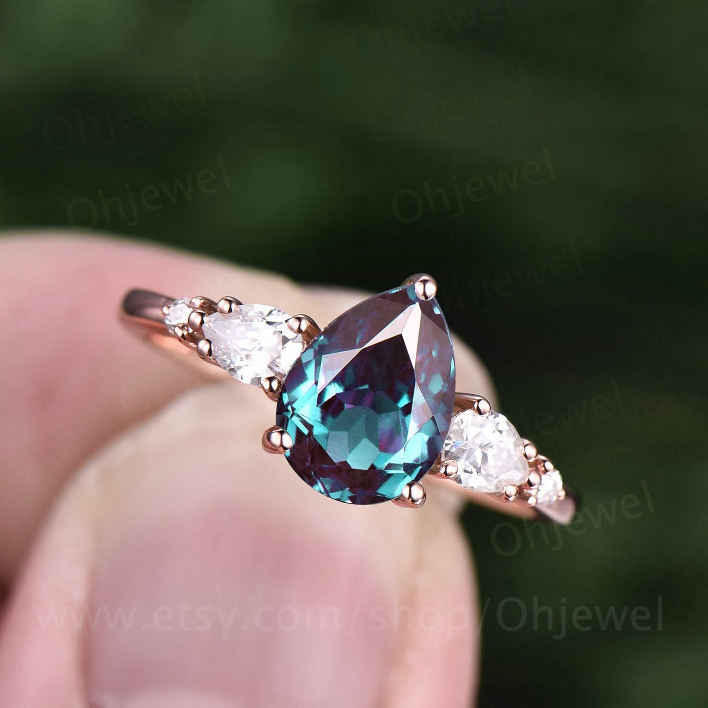 Alexandrite ring gold silver women vintage Alexandrite engagement ring rose gold five stone pear shaped bridal ring moissanite ring band