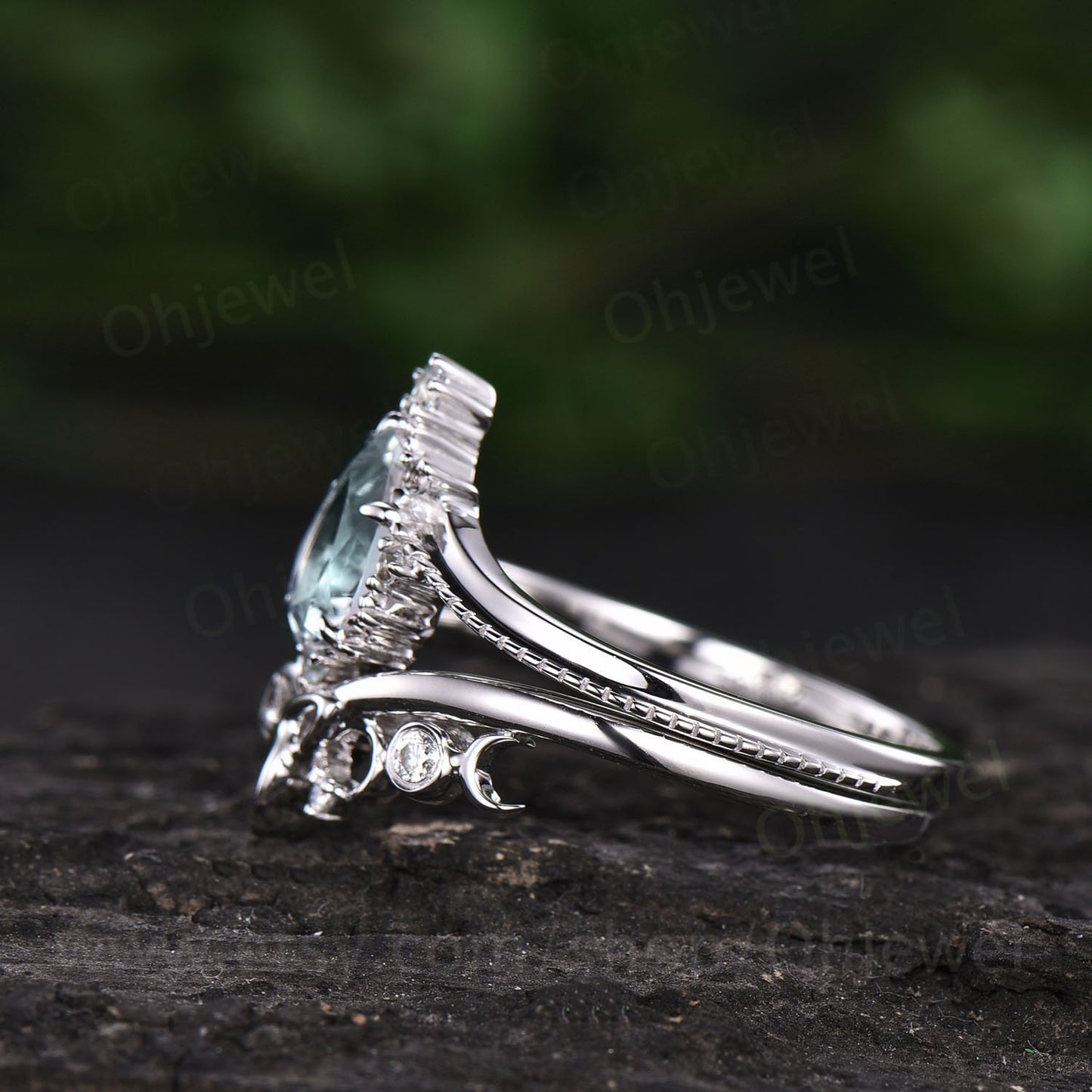 Vintage agate engagement ring set milgrain unique white gold ring set organic gemstone ring art deco moissanite ring set promise ring set