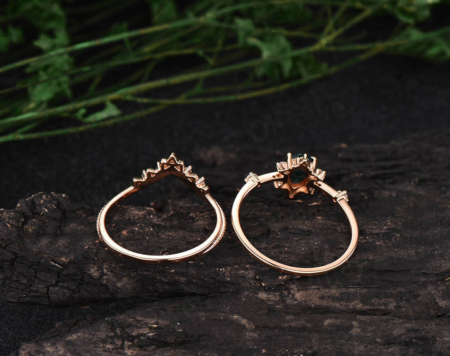 Unique anniversary ring set vintage moss agate engagement ring set Milgrain moissanite ring set pear bridal ring set organic gemstone ring