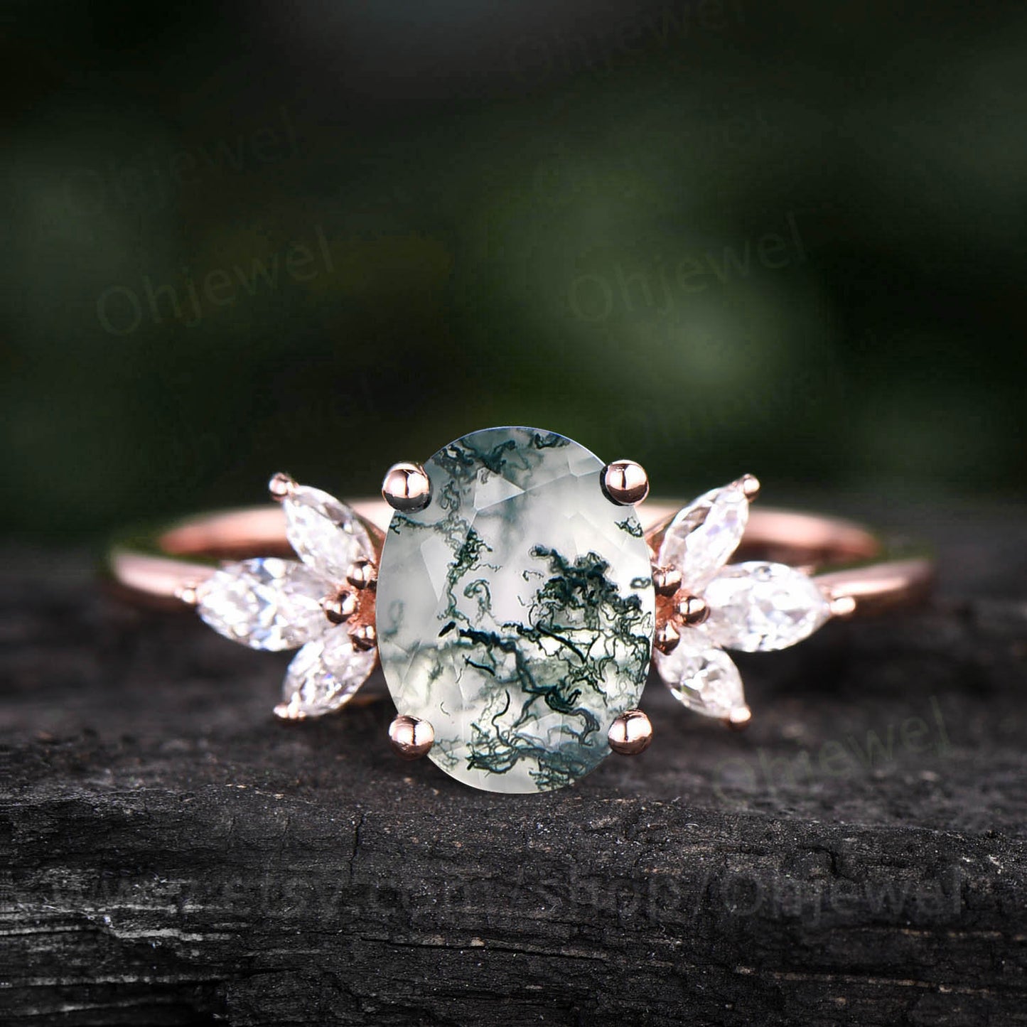 Oval cut moss agate engagement ring vintage rose gold green moss ring organic stone 7 stone ring marquise moissanite ring dainty jewelry