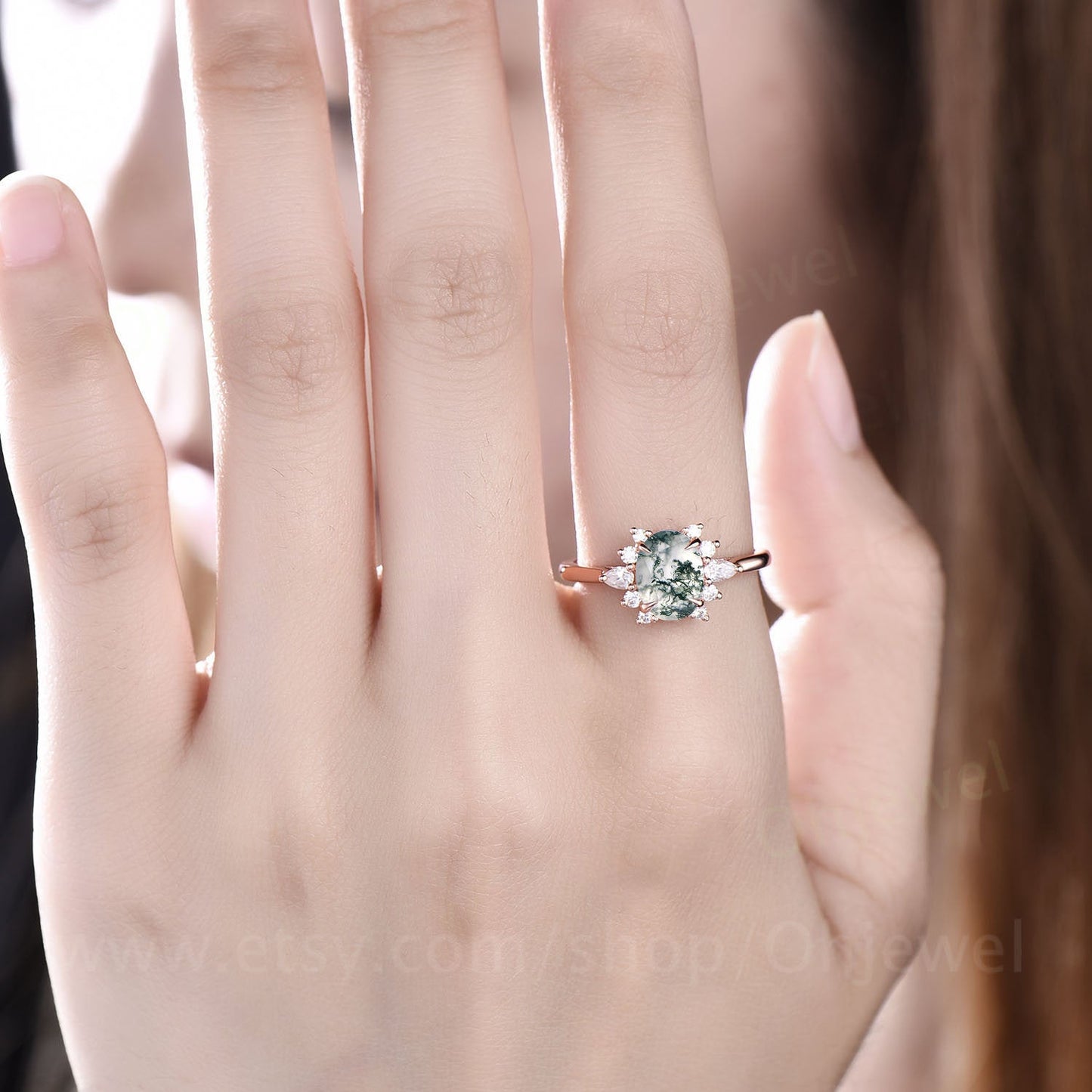 Cluster unique halo vintage style green moss agate engagement ring rose gold silver ring oval cut bridal ring custom ring women her gift