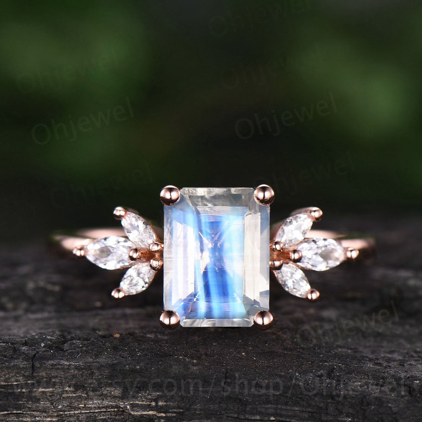 Emerald cut moonstone engagement ring rose gold vintage ring unique moissanite ring marquise ring set June birthstone ring anniversary gift