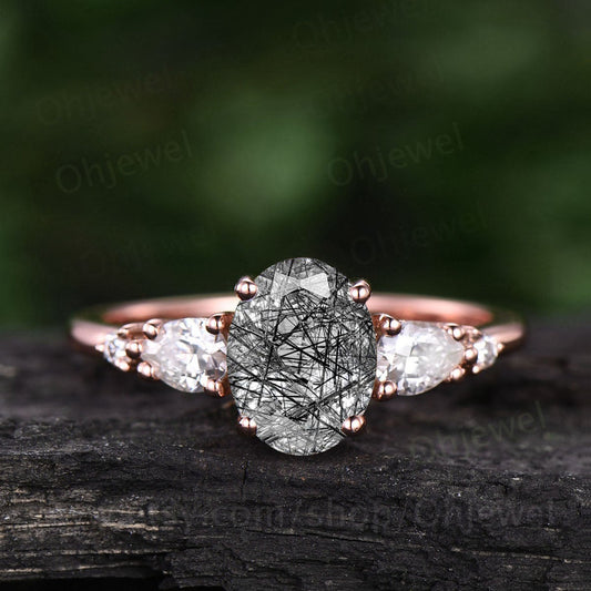 Vintage black rutilated quartz engagement ring for women rose gold moissanite ring oval cut bridal ring custom jewelry unique wedding ring