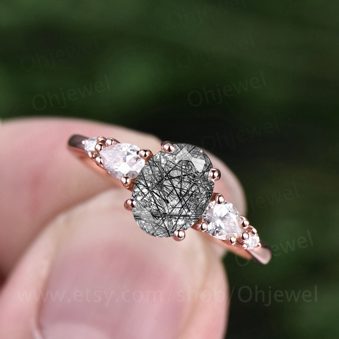 Vintage black rutilated quartz engagement ring for women rose gold moissanite ring oval cut bridal ring custom jewelry unique wedding ring