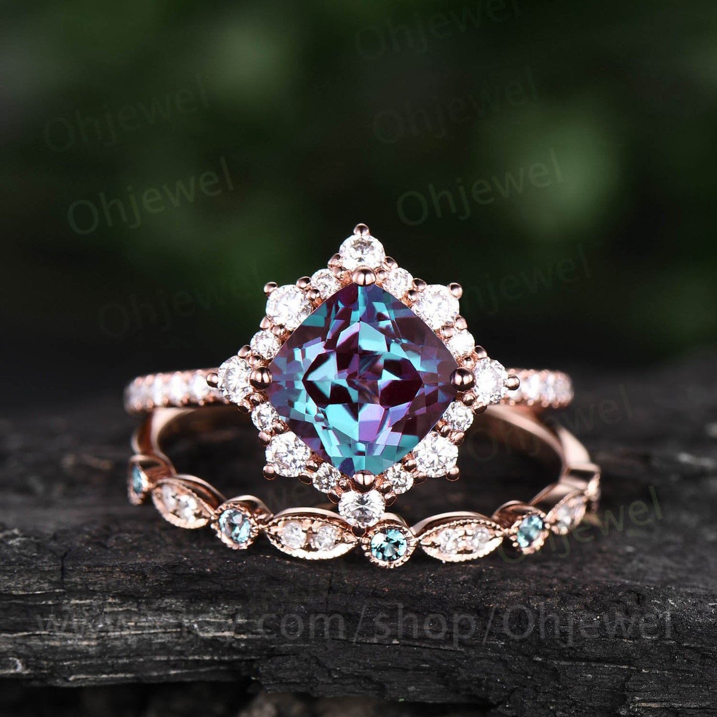 Halo unique vintage style cushion cut alexandrite engagement ring set rose gold marquise ring setting Milgrain diamond wedding ring set band