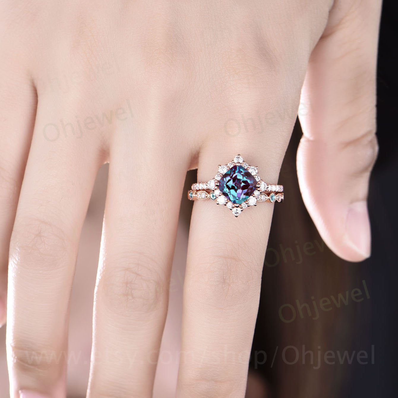 Halo unique vintage style cushion cut alexandrite engagement ring set rose gold marquise ring setting Milgrain diamond wedding ring set band