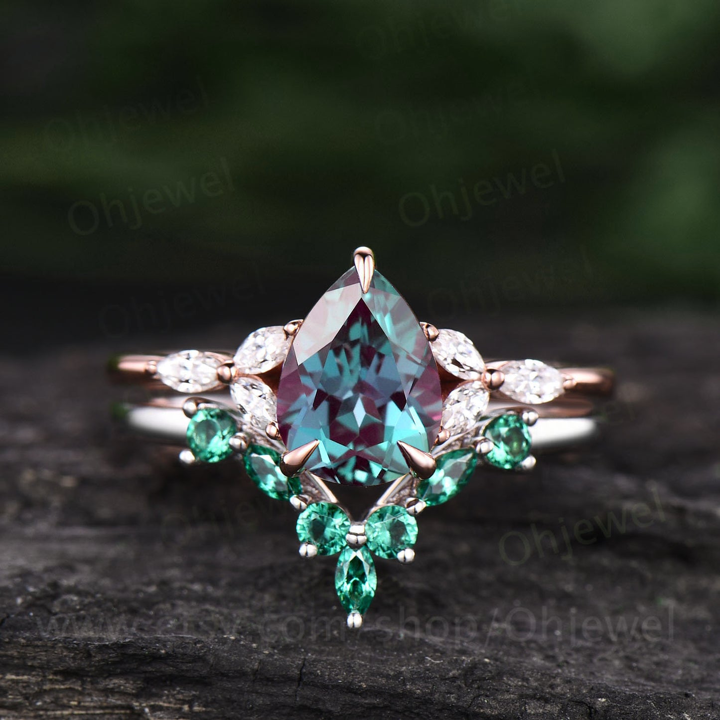 Pear alexandrite engagement ring set art deco vintage rose gold silver ring women marquise moissanite emerald ring set dainty wedding set
