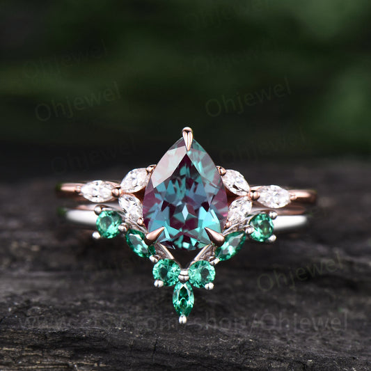 Pear alexandrite engagement ring set art deco vintage rose gold silver ring women marquise moissanite emerald ring set dainty wedding set