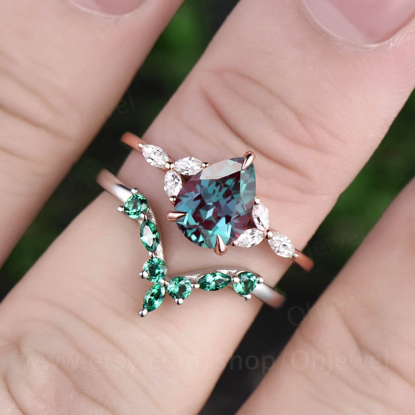 Pear alexandrite engagement ring set art deco vintage rose gold silver ring women marquise moissanite emerald ring set dainty wedding set