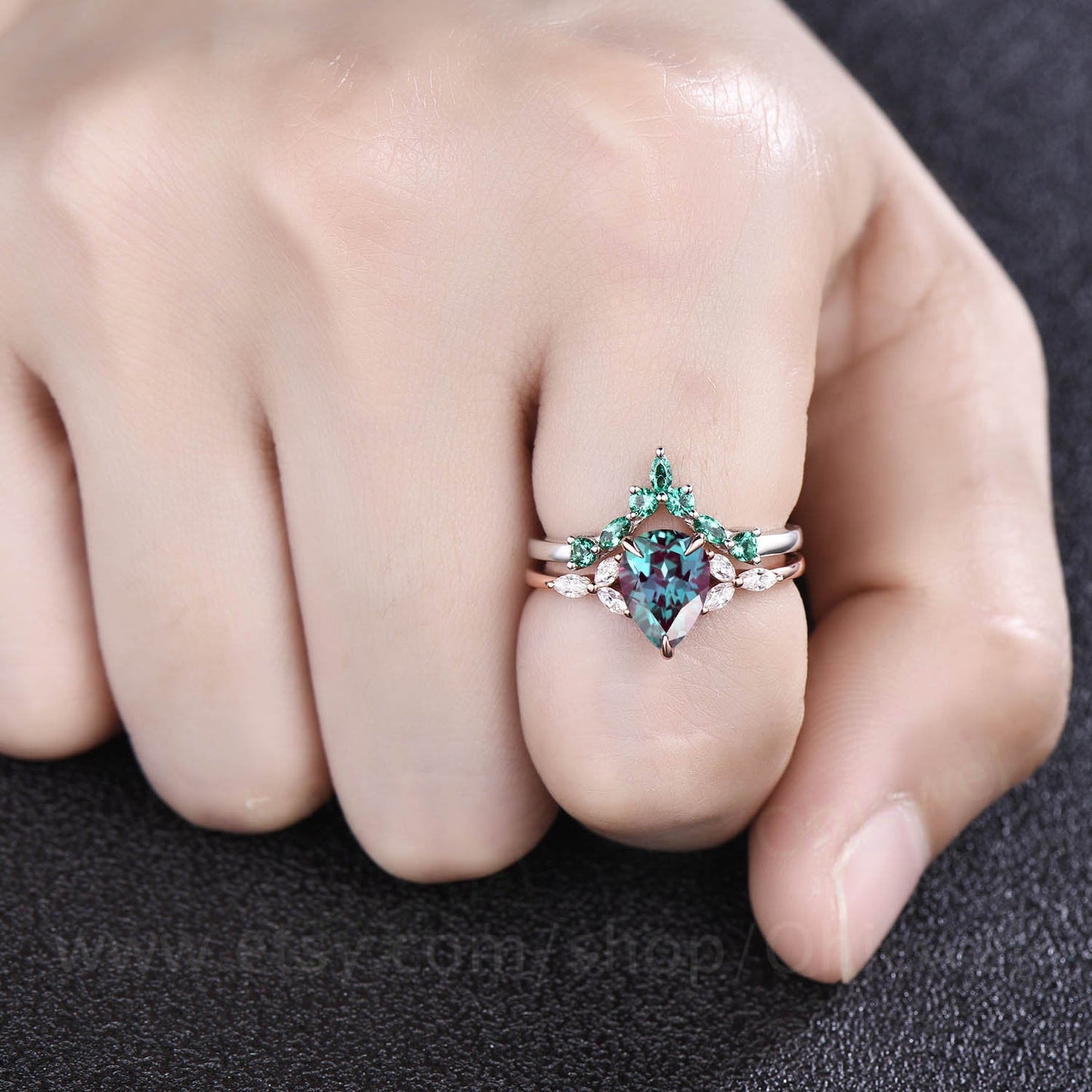 Pear alexandrite engagement ring set art deco vintage rose gold silver ring women marquise moissanite emerald ring set dainty wedding set