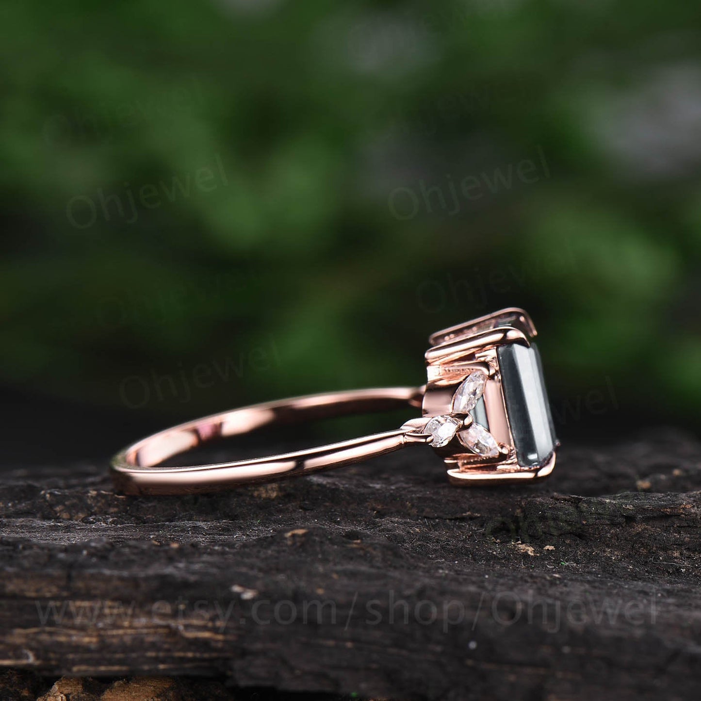 Vintage moonstone engagement ring for women unique rose gold wedding ring emerald cut bridal ring marquise moissanite ring gold jewelry gift