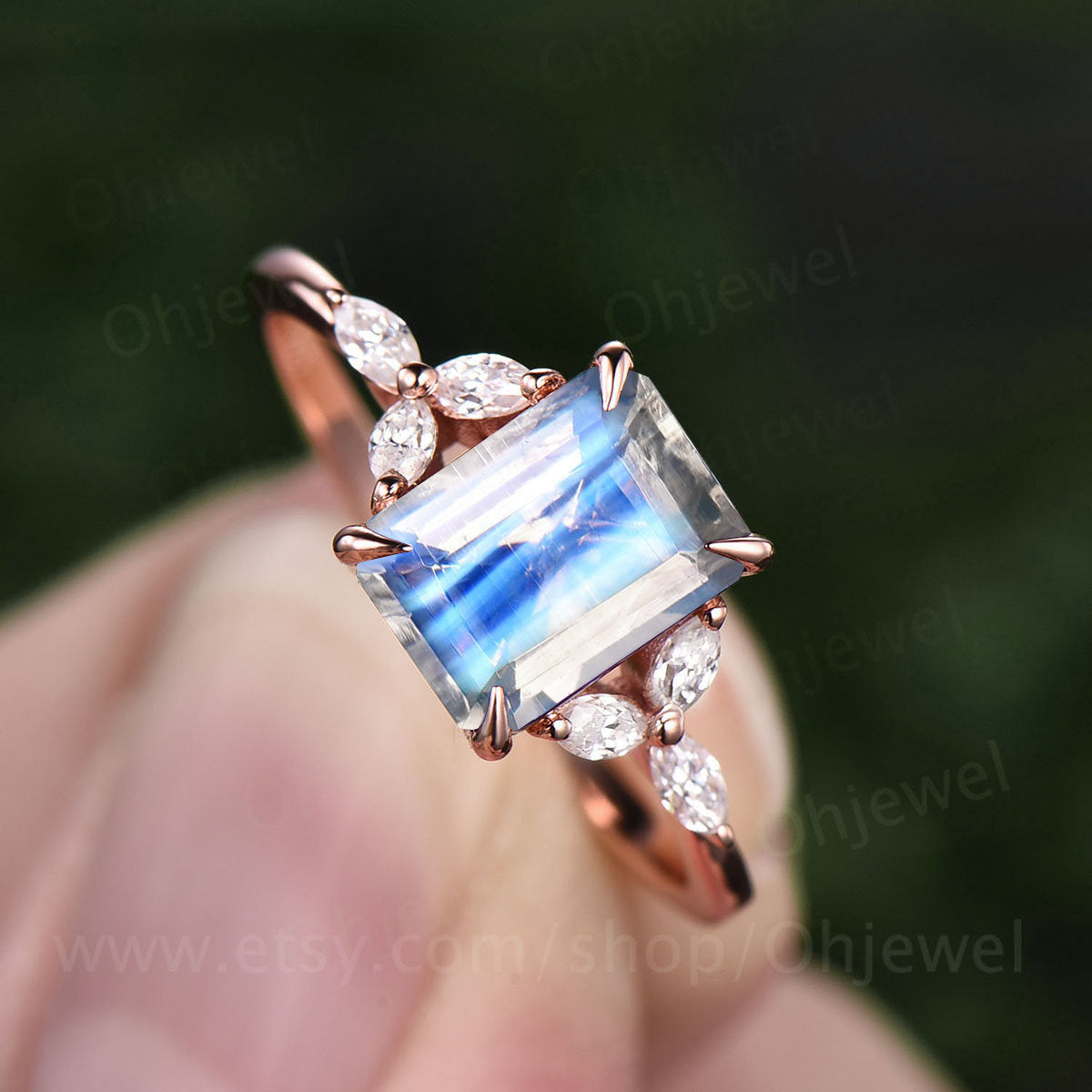 Vintage moonstone engagement ring for women unique rose gold wedding ring emerald cut bridal ring marquise moissanite ring gold jewelry gift