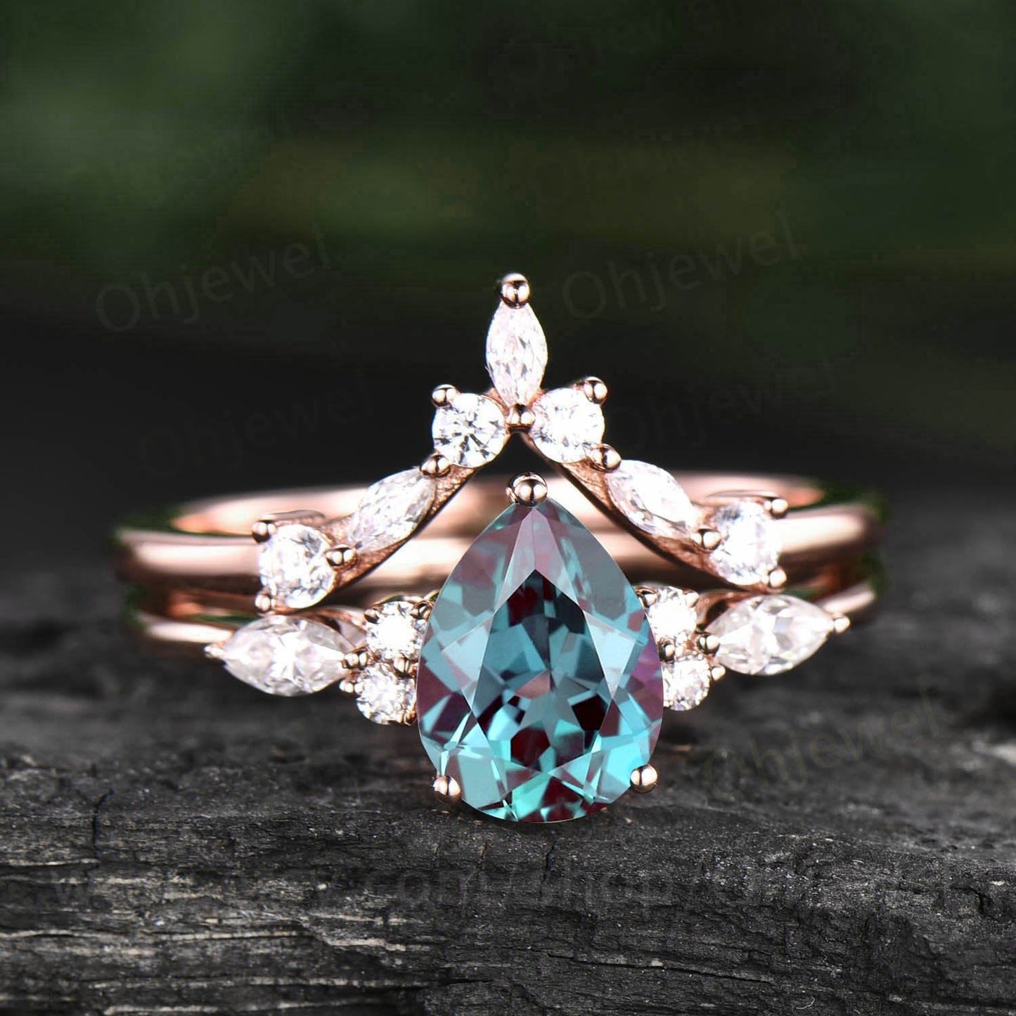 Art deco Alexandrite engagement ring set vintage rose gold ring moissanite ring silver dainty custom ring women unique bridal ring set gift