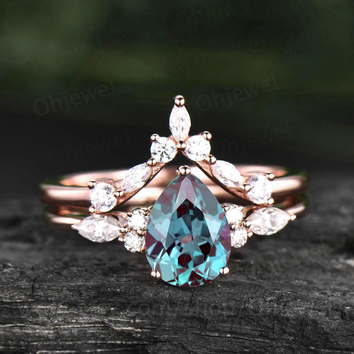 Unique pear shaped Alexandrite engagement ring set art deco vintage 14k rose gold marquise moissanite ring for women silver wedding ring set