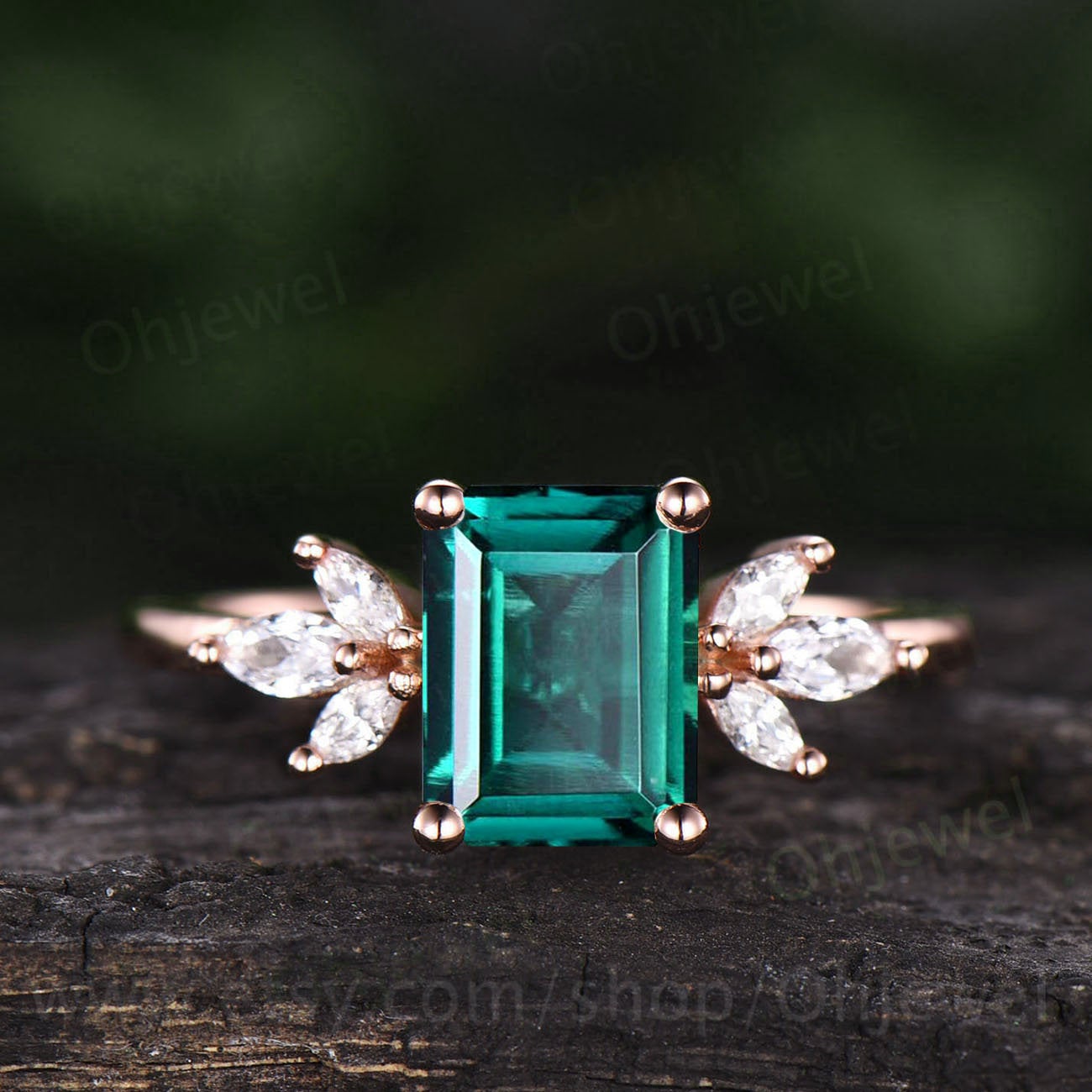 Emerald cut emerald engagement ring 7 stone rose gold silver ring marquise ring setting unique moissanite ring for women dainty wedding ring