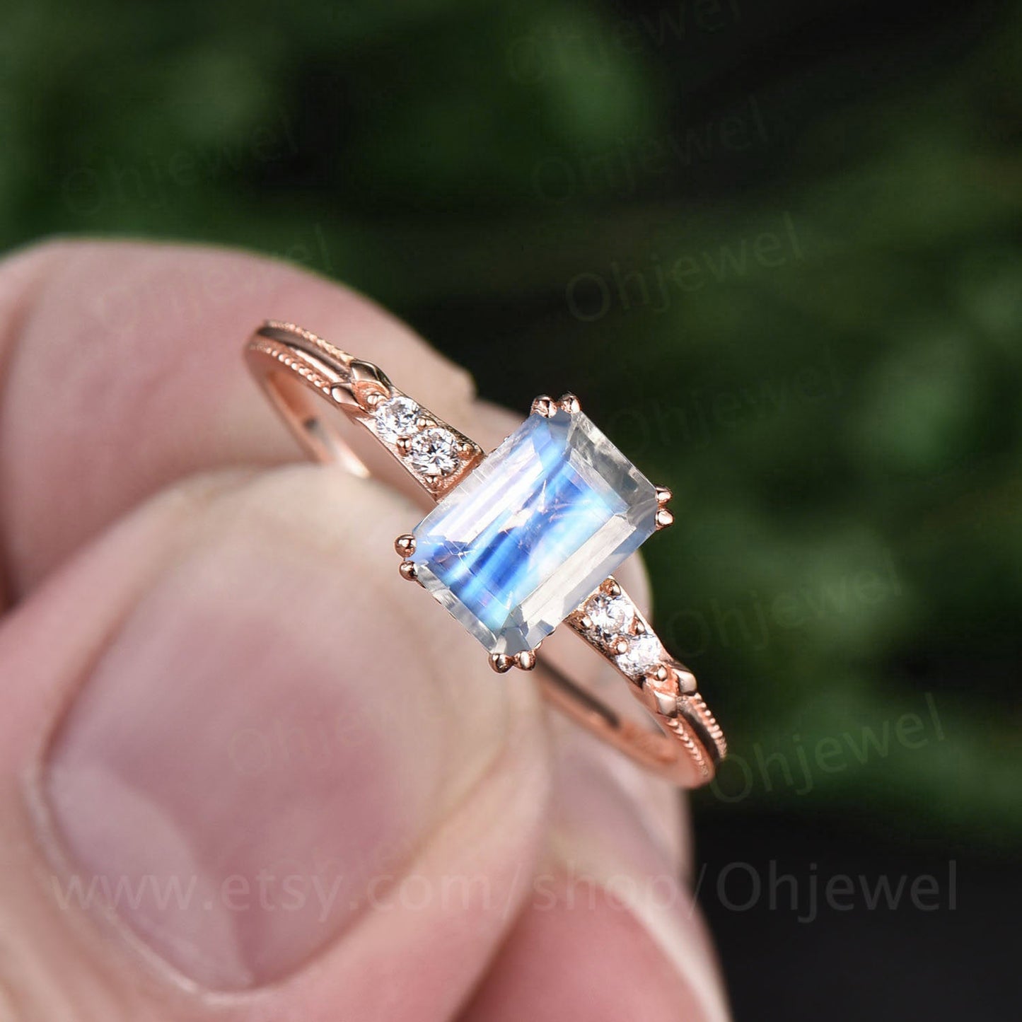6x8mm emerald cut moonstone engagement ring vintage rose gold Milgrain ring five stone diamond ring 8 prong moon ring unique bridal ring