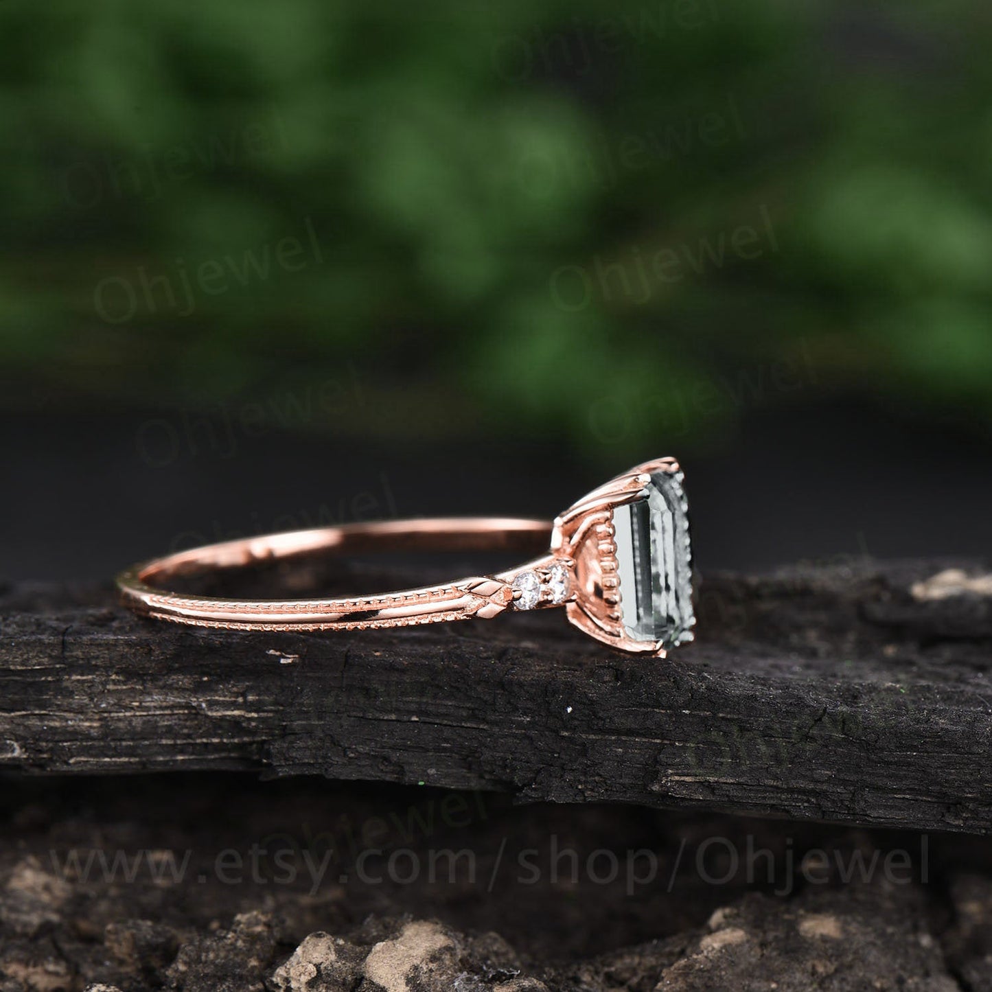 6x8mm emerald cut moonstone engagement ring vintage rose gold Milgrain ring five stone diamond ring 8 prong moon ring unique bridal ring