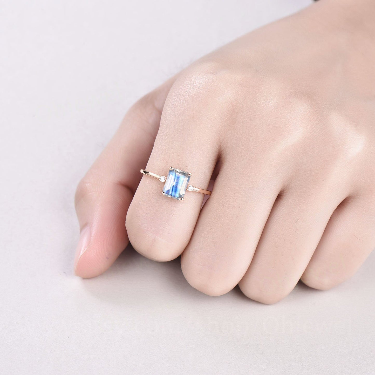 Three stone ring vintage emerald cut moonstone engagement ring rose gold bridal ring unique diamond ring for women June birthstone ring gift