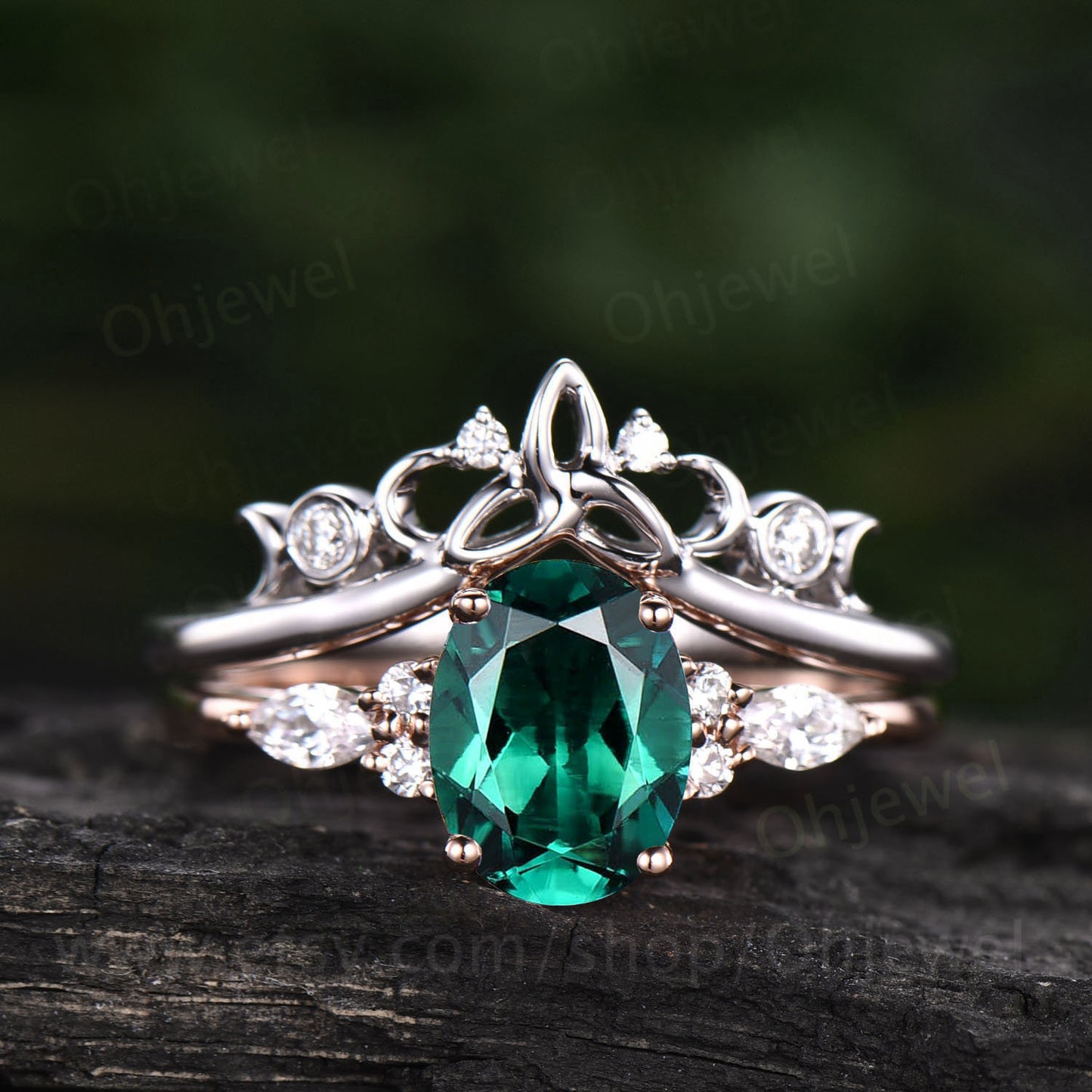 Art deco emerald engagement ring set vintage rose gold silver ring women Norse viking ring moissanite wedding set oval cut bridal ring set