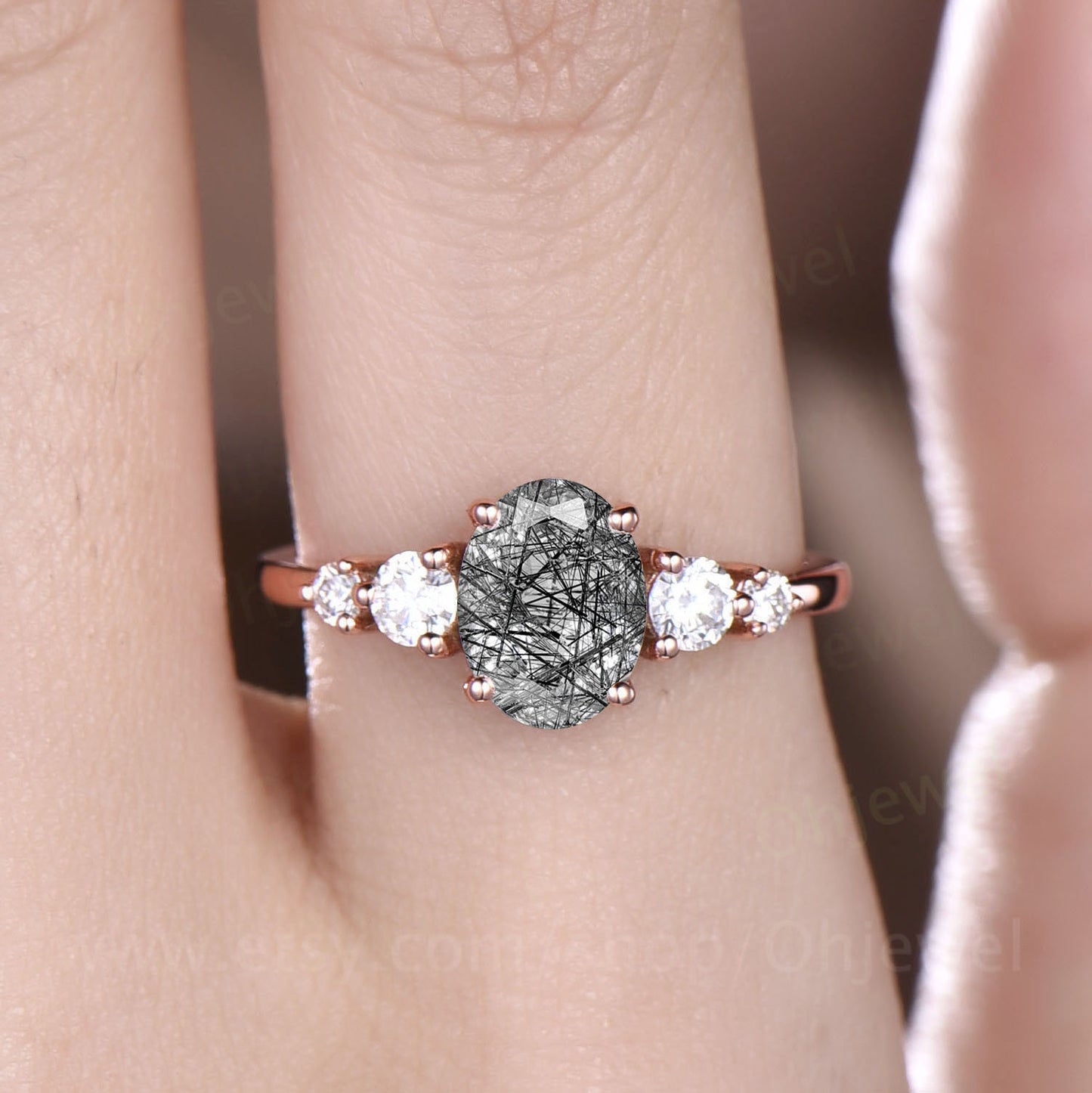 Oval cut black rutilated quartz engagement ring rose gold five sotne moissanite vintage Art deco Dainty unique Anniversary promise ring gift
