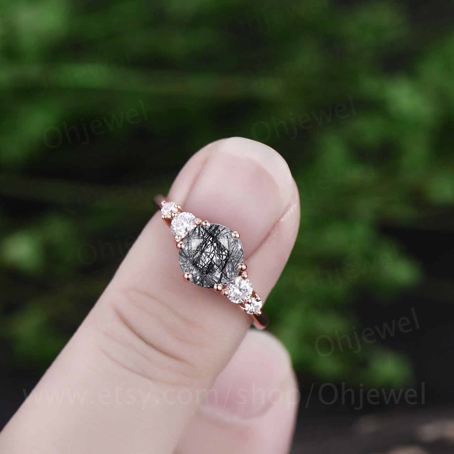 Round cut black rutilated quartz engagement ring rose gold silver vintage moissanite ring art deco dainty Anniversary promise ring set gift