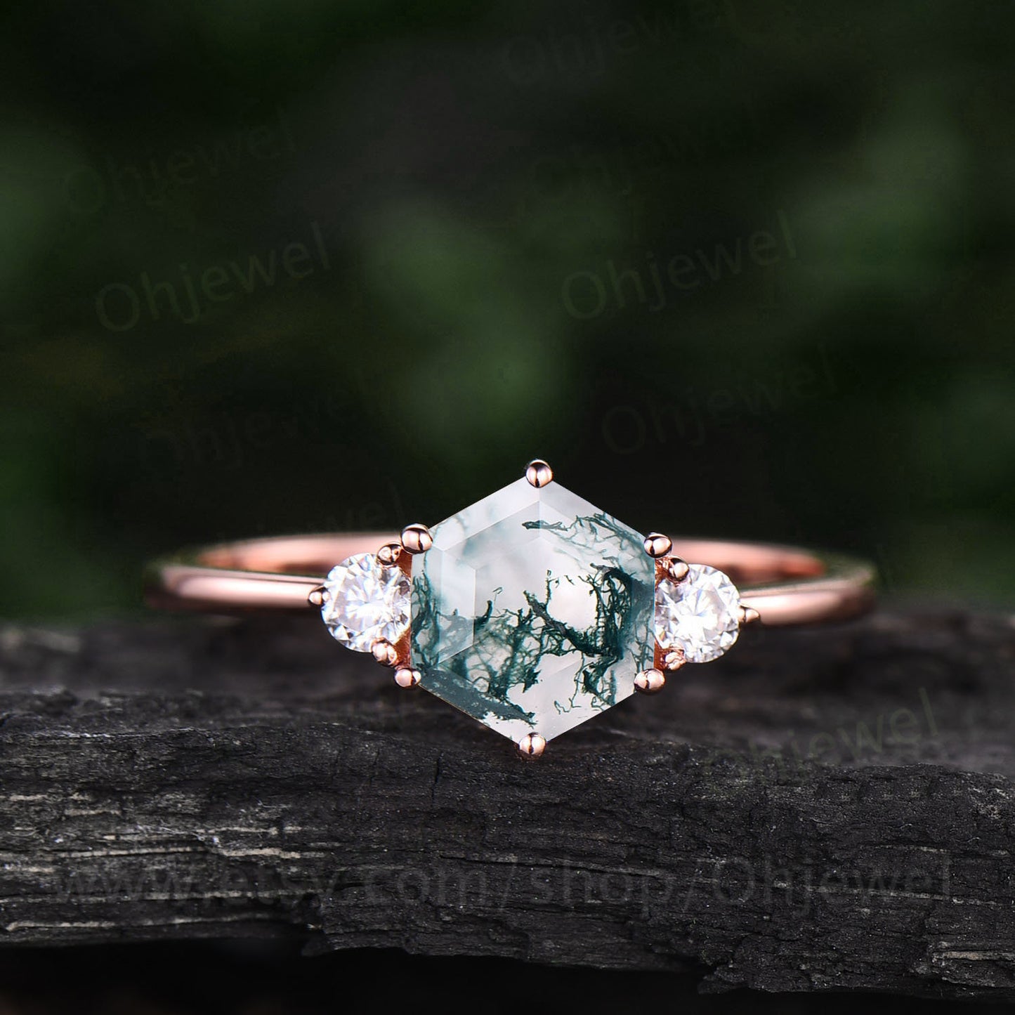 Hexagon moss agate ring vintage green moss agate engagement ring rose gold three stone moissanite ring for women six prong bridal ring gift