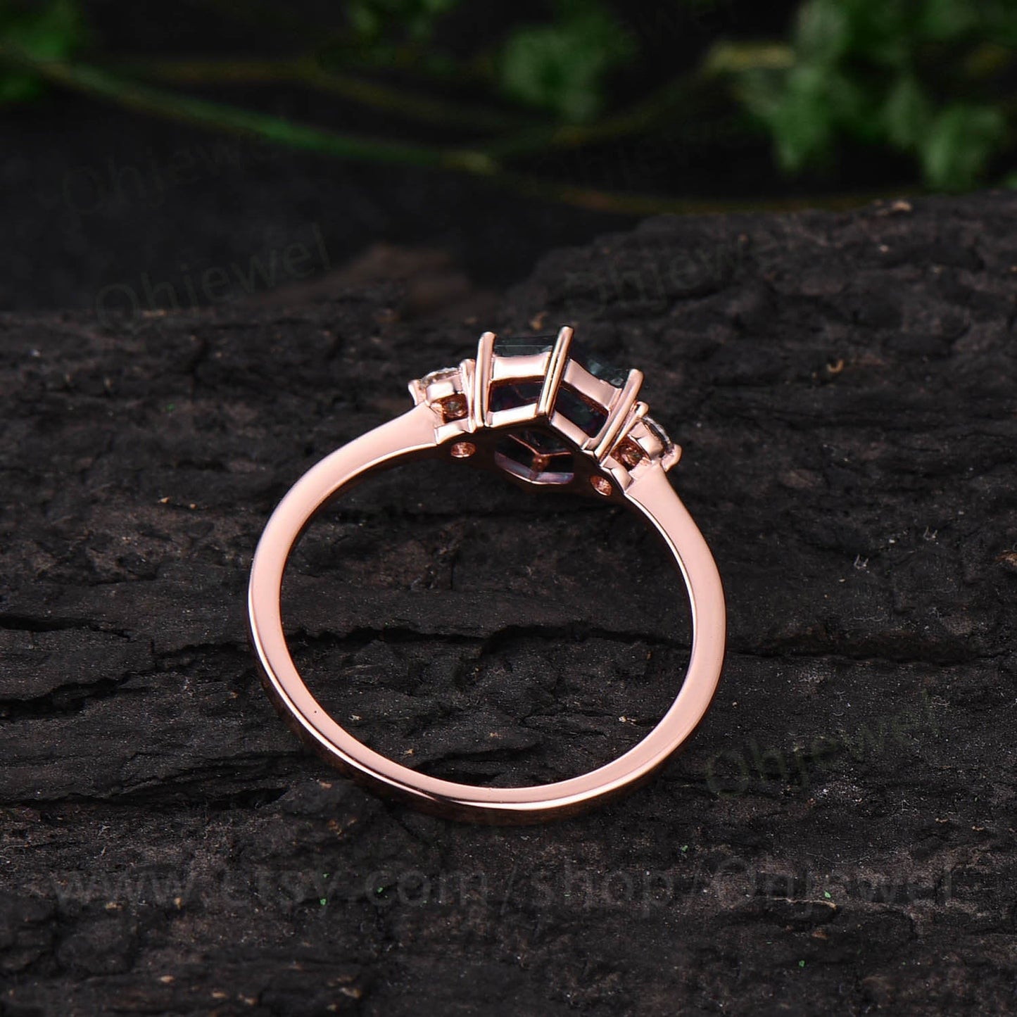 Hexagon moss agate ring vintage green moss agate engagement ring rose gold three stone moissanite ring for women six prong bridal ring gift