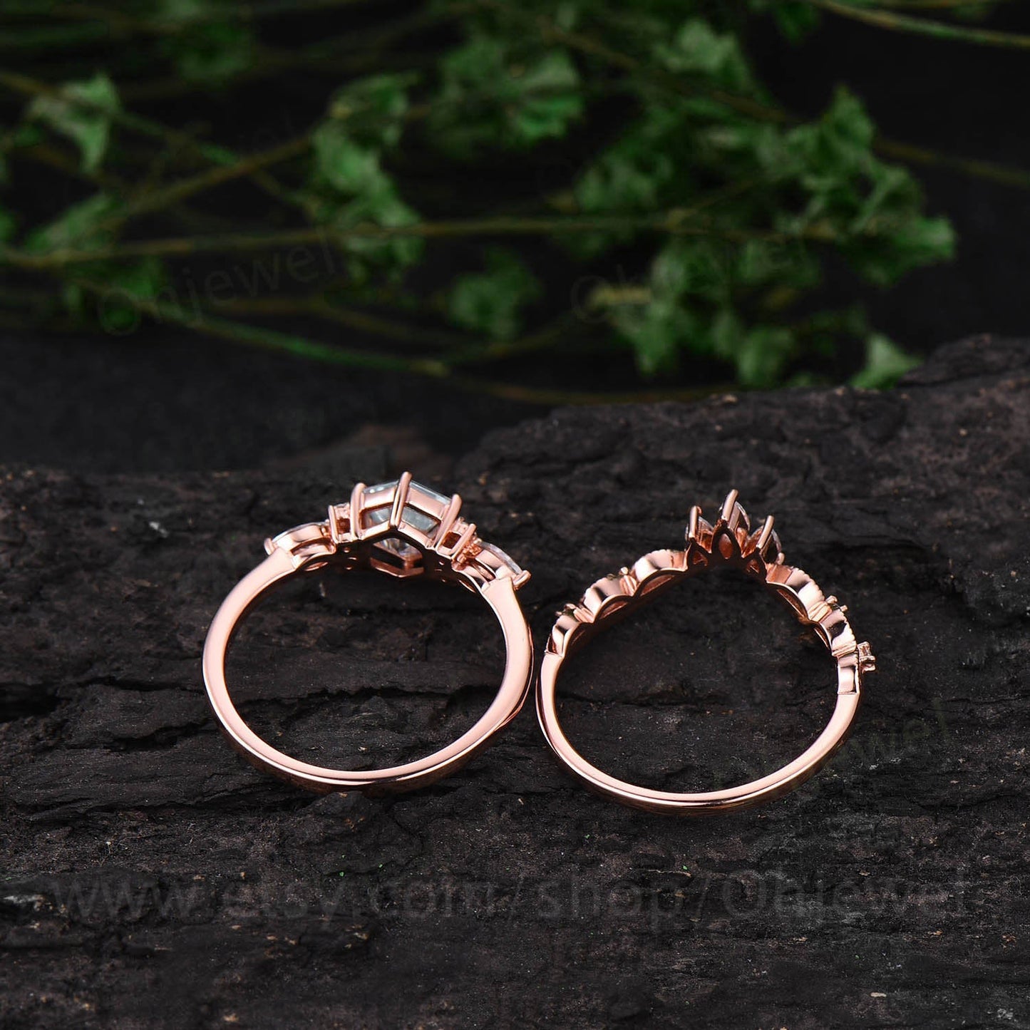 Hexagon moss agate engagement ring set art deco vintage moss agate ring rose gold silver ring dainty moissanite ring women birdal ring set